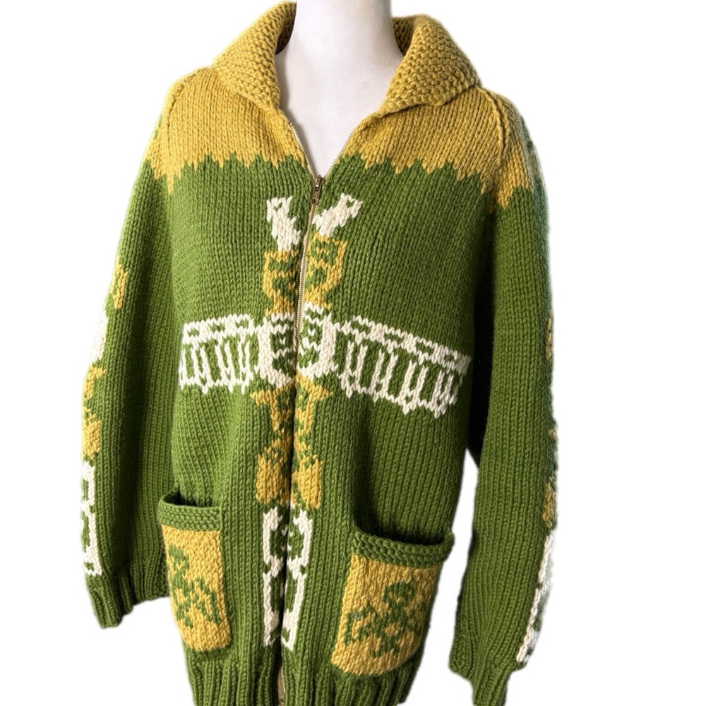 Vintage Cowichan Sweater Womens Size XL Green Totem Alaska Warm Heavy Cardigan - Picture 8 of 12
